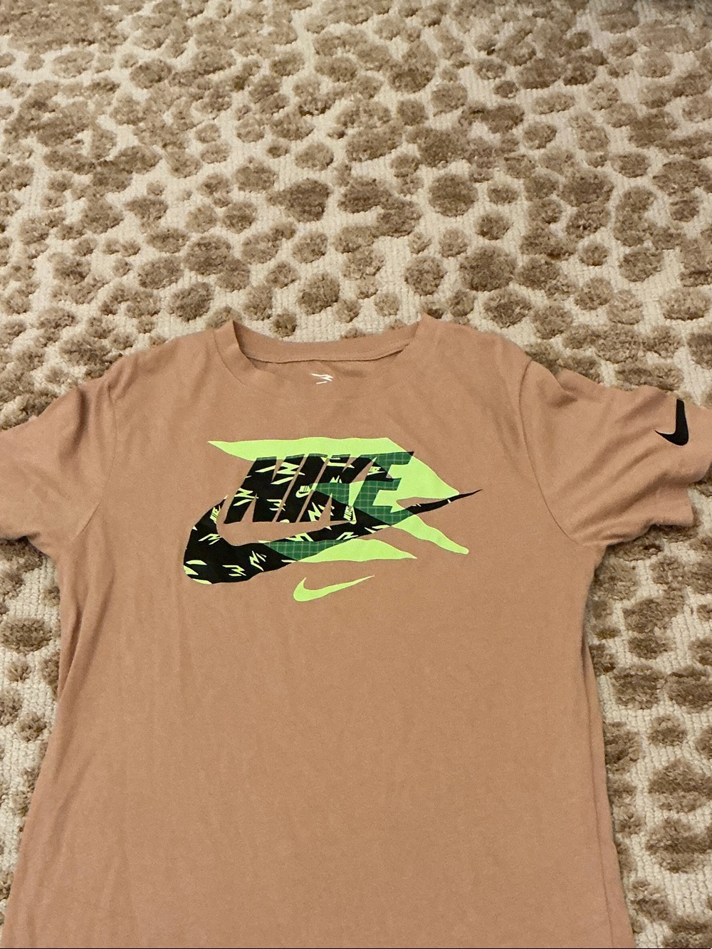 Nike Kids Tan Tee with Neon Green and Black Logo